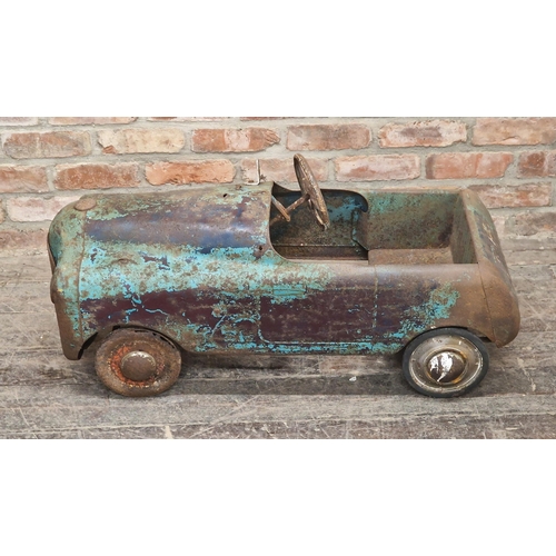 275 - Vintage mid century tin plate child's pedal car with working wheels, H 50cm x W 95cm x D 43cm