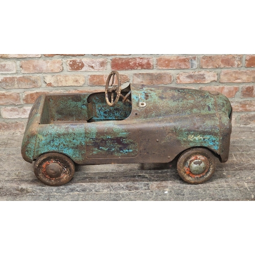 275 - Vintage mid century tin plate child's pedal car with working wheels, H 50cm x W 95cm x D 43cm