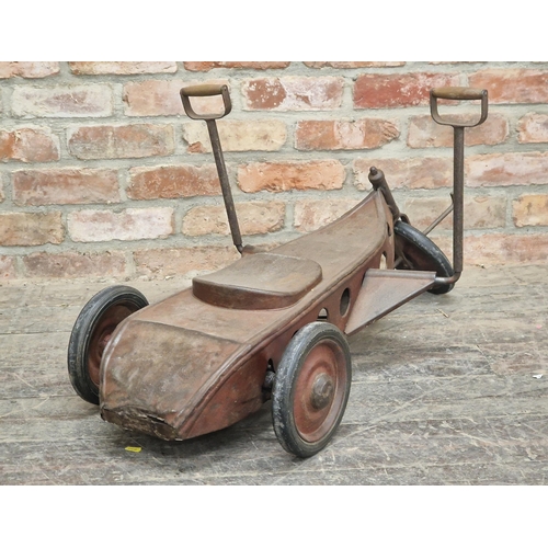 276 - Vintage mid century hand operated tin plate child's tricycle with working wheels, H 45cm x W 97cm x ... 