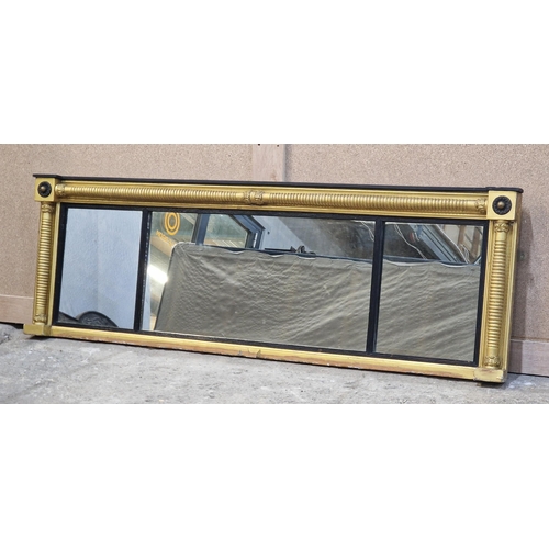 1052 - Antique giltwood triptych over mantel mirror with ebonised detail, H 54cm x D 159cm