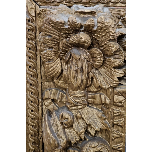 1055 - Good Antique Baroque giltwood wall mirror, carved with bird and flowers, 118 x 97cm (af)