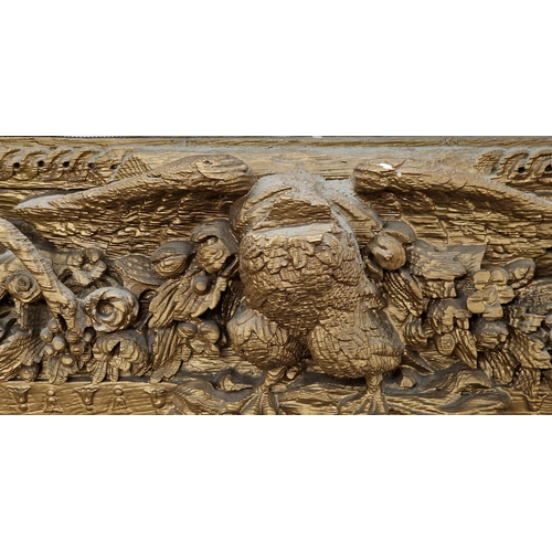 1055 - Good Antique Baroque giltwood wall mirror, carved with bird and flowers, 118 x 97cm (af)