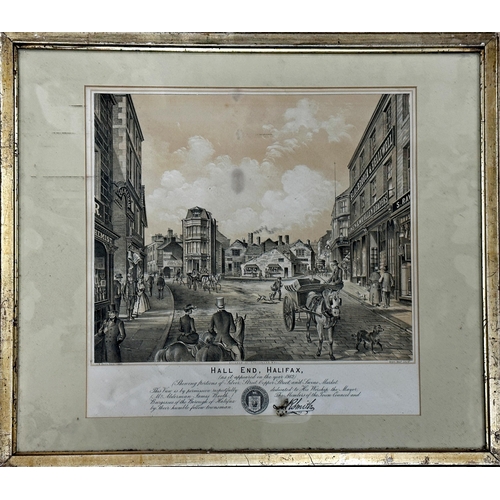 1362 - Hall and Stott Bros - Hall end, Crown Street Halifax, street scenes above text, two lithograph print... 