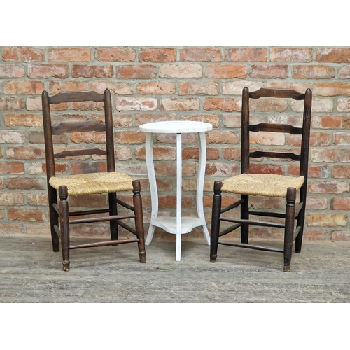 1219 - Pair of French low ladderback country chairs with a rustic white painted wine table (3)