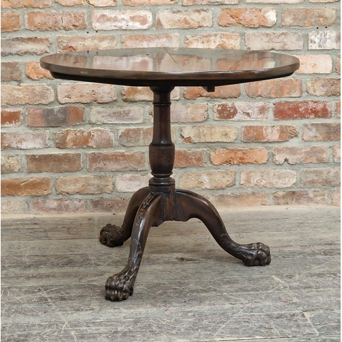 1220 - 19th century mahogany tilt top table with turned column and lions paw feet, H 68cm x W 81cm