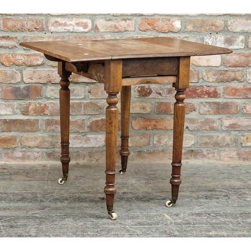 1221 - 19th century mahogany drop leaf side table, single frieze drawer raised on turned legs with ceramic ... 