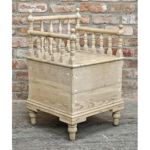 1223 - Stripped pine commode with turned baluster supports, H 73cm x W 45cm x D 45cm