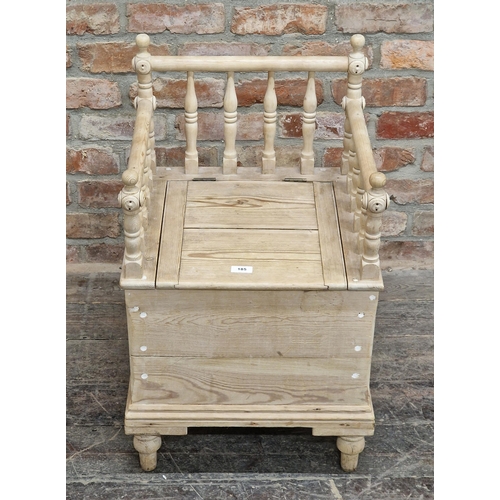 1223 - Stripped pine commode with turned baluster supports, H 73cm x W 45cm x D 45cm