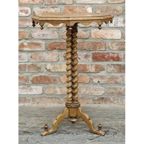 1238 - 19th century walnut wine table with wavy apron, trio of barley twist columns and turned finials, H 7... 