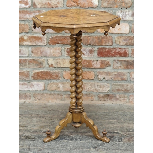 1238 - 19th century walnut wine table with wavy apron, trio of barley twist columns and turned finials, H 7... 