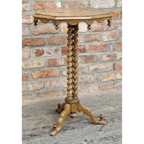 1238 - 19th century walnut wine table with wavy apron, trio of barley twist columns and turned finials, H 7... 