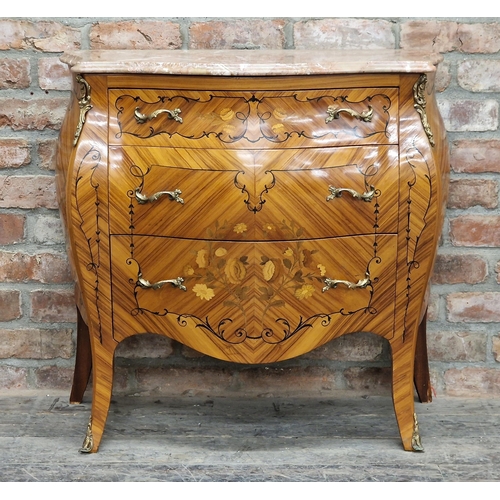 1256 - French Louis style kingwood bombe commode with gilt metal mounts and marble top , H 82cm x W 85cm x ... 