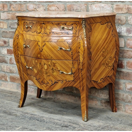 1256 - French Louis style kingwood bombe commode with gilt metal mounts and marble top , H 82cm x W 85cm x ... 