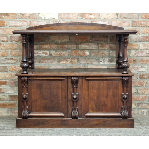 1258 - Victorian mahogany buffet, the raised moulded top on four baluster turned columns fitted with two cu... 