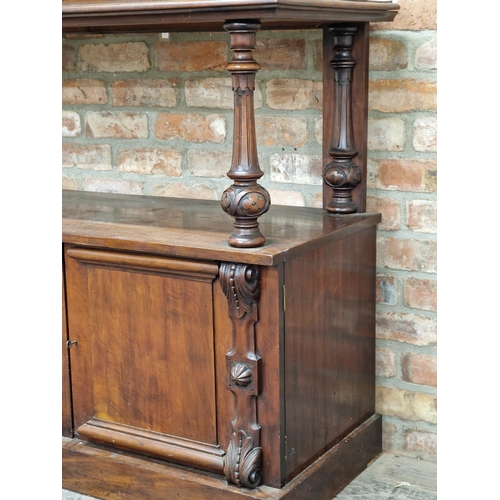 1258 - Victorian mahogany buffet, the raised moulded top on four baluster turned columns fitted with two cu... 