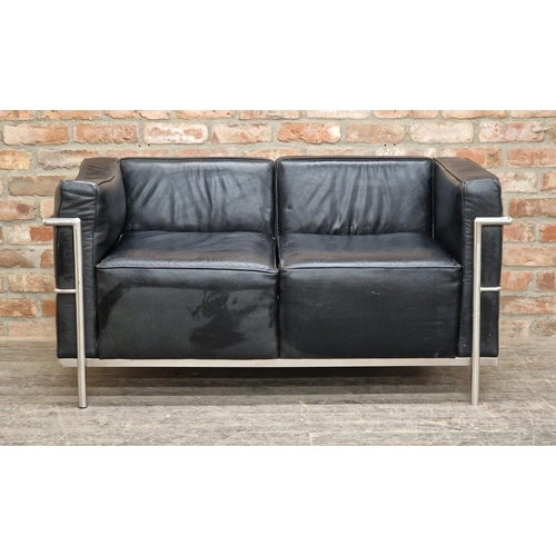 1145 - Le Corbusier style LC2 sofa, leather cushions in chrome frame,  H 67cm x W 135cm x D 75cm