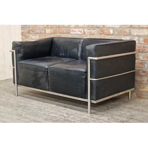 1145 - Le Corbusier style LC2 sofa, leather cushions in chrome frame,  H 67cm x W 135cm x D 75cm