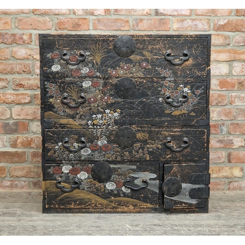 1276 - Impressive Japanese Edo period Tansu chest with good lacquered Chinoiseries overlay, in two parts, f... 