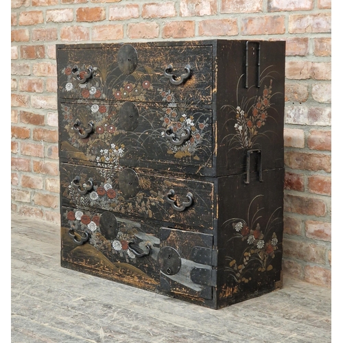 1276 - Impressive Japanese Edo period Tansu chest with good lacquered Chinoiseries overlay, in two parts, f... 