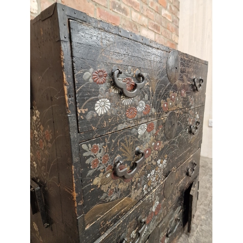 1276 - Impressive Japanese Edo period Tansu chest with good lacquered Chinoiseries overlay, in two parts, f... 