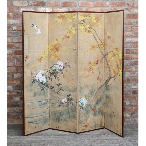 2253 - Chinese four panel folding silk screen, hand painted with lakeside scene, each panel H 169cm x D 49c... 