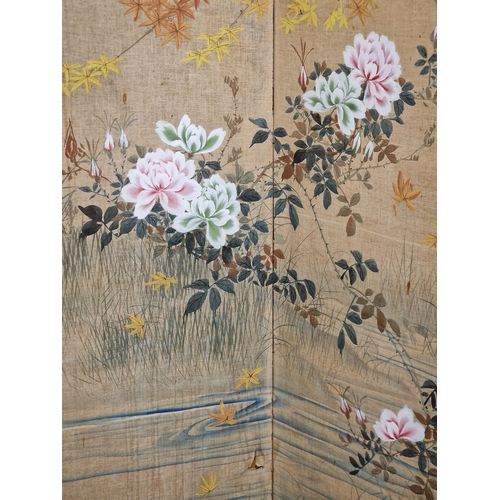 2253 - Chinese four panel folding silk screen, hand painted with lakeside scene, each panel H 169cm x D 49c... 