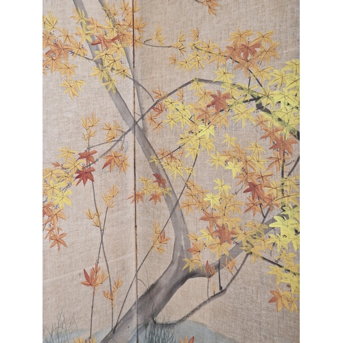 2253 - Chinese four panel folding silk screen, hand painted with lakeside scene, each panel H 169cm x D 49c... 