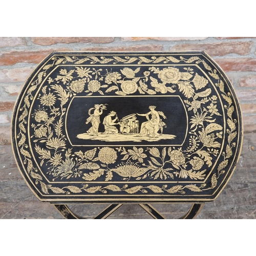 1277 - Good decorative Regency pot stand, lacquered with a classical scene, on four scrolled cabriole legs ... 