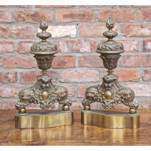 2376 - Pair of good 19th century French brass andirons, baluster acanthus urns mounted with flambeau finial... 