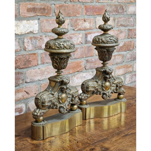 2376 - Pair of good 19th century French brass andirons, baluster acanthus urns mounted with flambeau finial... 