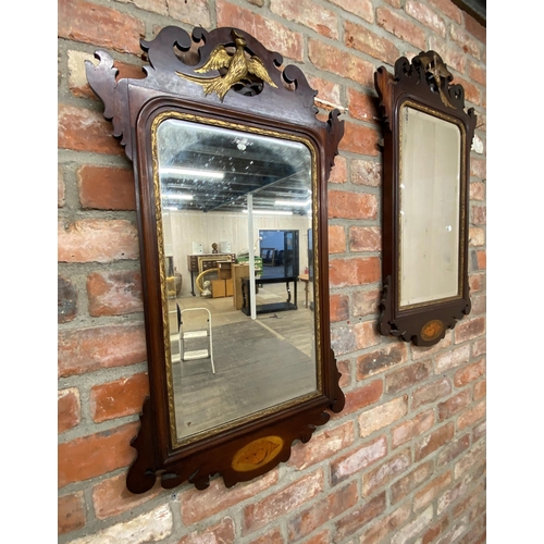 1056 - Matched pair of Georgian fretwork wall mirrors, mahogany frames with gilt Ho-Ho bird and conch shell... 