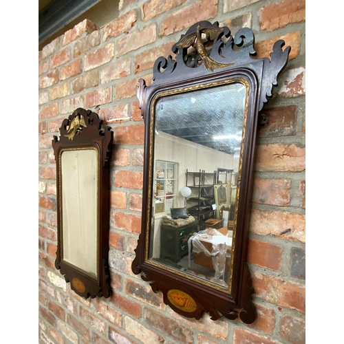 1056 - Matched pair of Georgian fretwork wall mirrors, mahogany frames with gilt Ho-Ho bird and conch shell... 