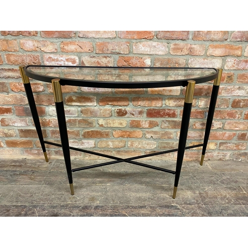 1210 - Indian Jane of London metal d-end console table, with glass tap and brass feet caps  124cm L x 40 D ... 