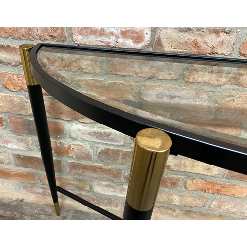 1210 - Indian Jane of London metal d-end console table, with glass tap and brass feet caps  124cm L x 40 D ... 