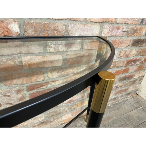 1210 - Indian Jane of London metal d-end console table, with glass tap and brass feet caps  124cm L x 40 D ... 