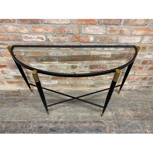 1210 - Indian Jane of London metal d-end console table, with glass tap and brass feet caps  124cm L x 40 D ... 