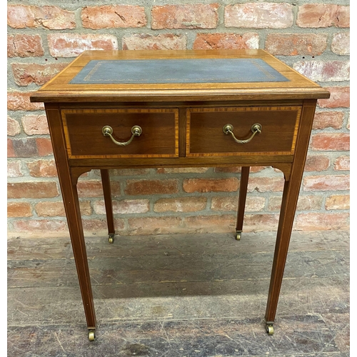 1211 - Edwardian mahogany and satinwood crossbanded writing table, inset leather top, two drawers and brass... 