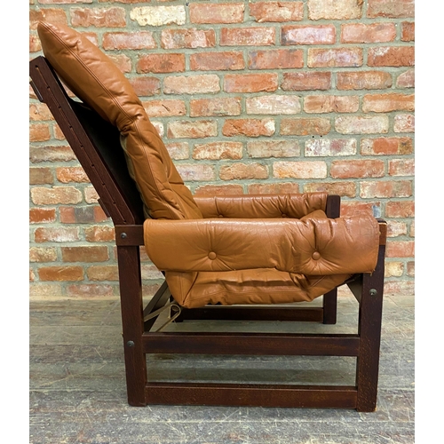 1139 - Norwegian teak framed lounge chair with tan leather upholstery, 93cm H x 71 W x 73 D