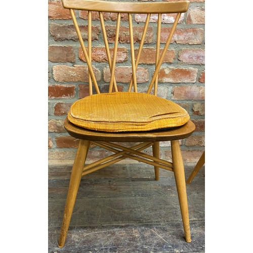 1140 - Set of three Ercol 376 'Candlestick' light elm dining chairs with original rust colour cushions , 79... 