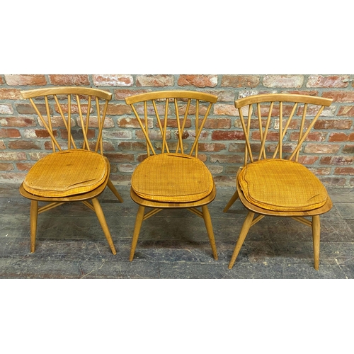 1140 - Set of three Ercol 376 'Candlestick' light elm dining chairs with original rust colour cushions , 79... 