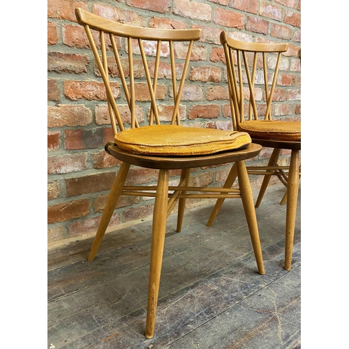 1140 - Set of three Ercol 376 'Candlestick' light elm dining chairs with original rust colour cushions , 79... 