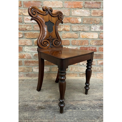 1213 - Regency mahogany hall chair with carved scrolled back and good inset painting of a Mermaid crest, 84... 