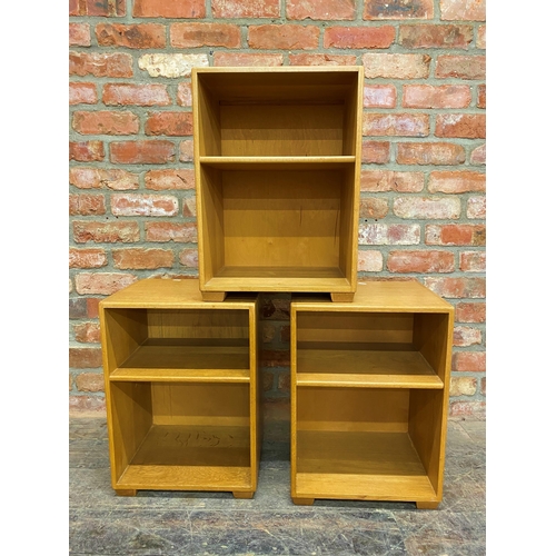 1141 - Three 1970s oak bedsides or small bookcases, with open dovetail joints, 38cm W x 30 D x 52 H