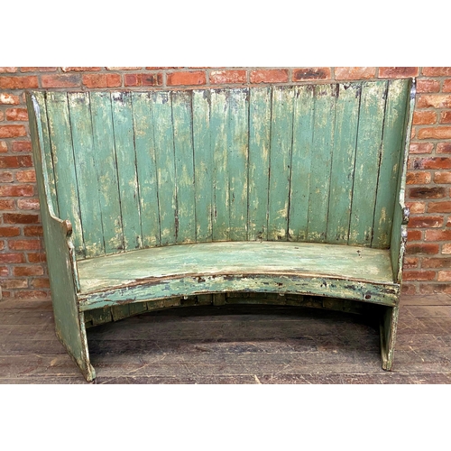 1215 - Antique pine barrel back settle, distressed painted finish, 130cm H x 187 W x 65 D