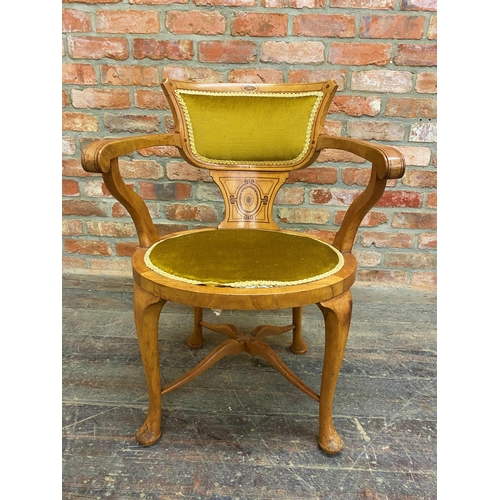 1230 - Edwardian Sheraton revival satinwood salon carver chair with typical box wood inlay