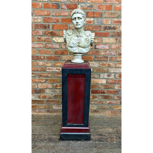 1232 - Plaster composite bust of Julius Caesar H 58cm, upon a bespoke stepped square painted plinth, H 98cm... 