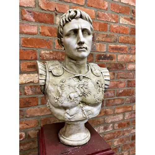 1232 - Plaster composite bust of Julius Caesar H 58cm, upon a bespoke stepped square painted plinth, H 98cm... 