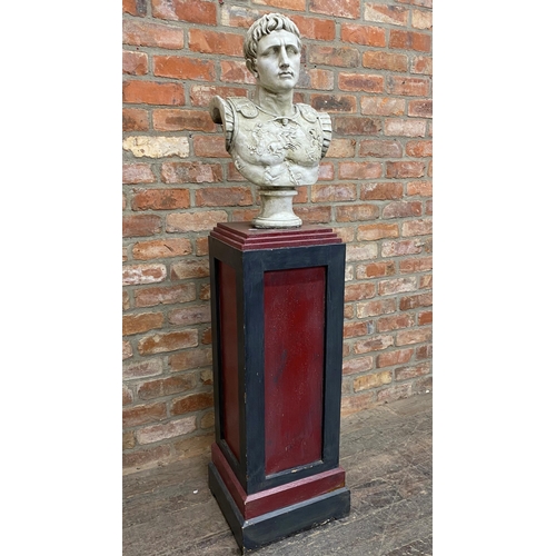 1232 - Plaster composite bust of Julius Caesar H 58cm, upon a bespoke stepped square painted plinth, H 98cm... 