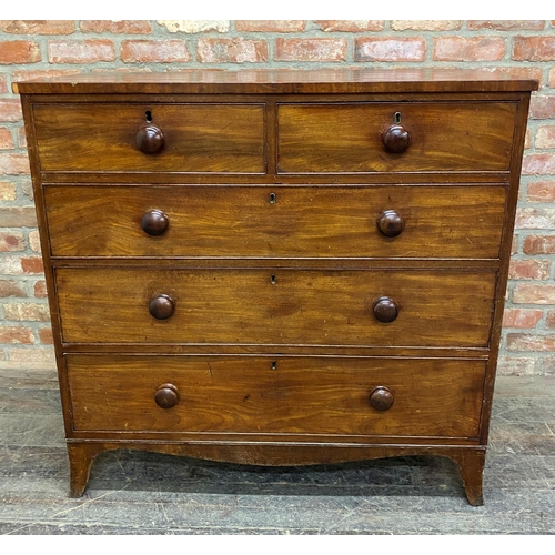 1233 - Early Victorian mahogany chest of drawers, two short over three long raised on swept feet, H 106cm x... 