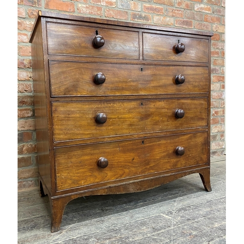 1233 - Early Victorian mahogany chest of drawers, two short over three long raised on swept feet, H 106cm x... 